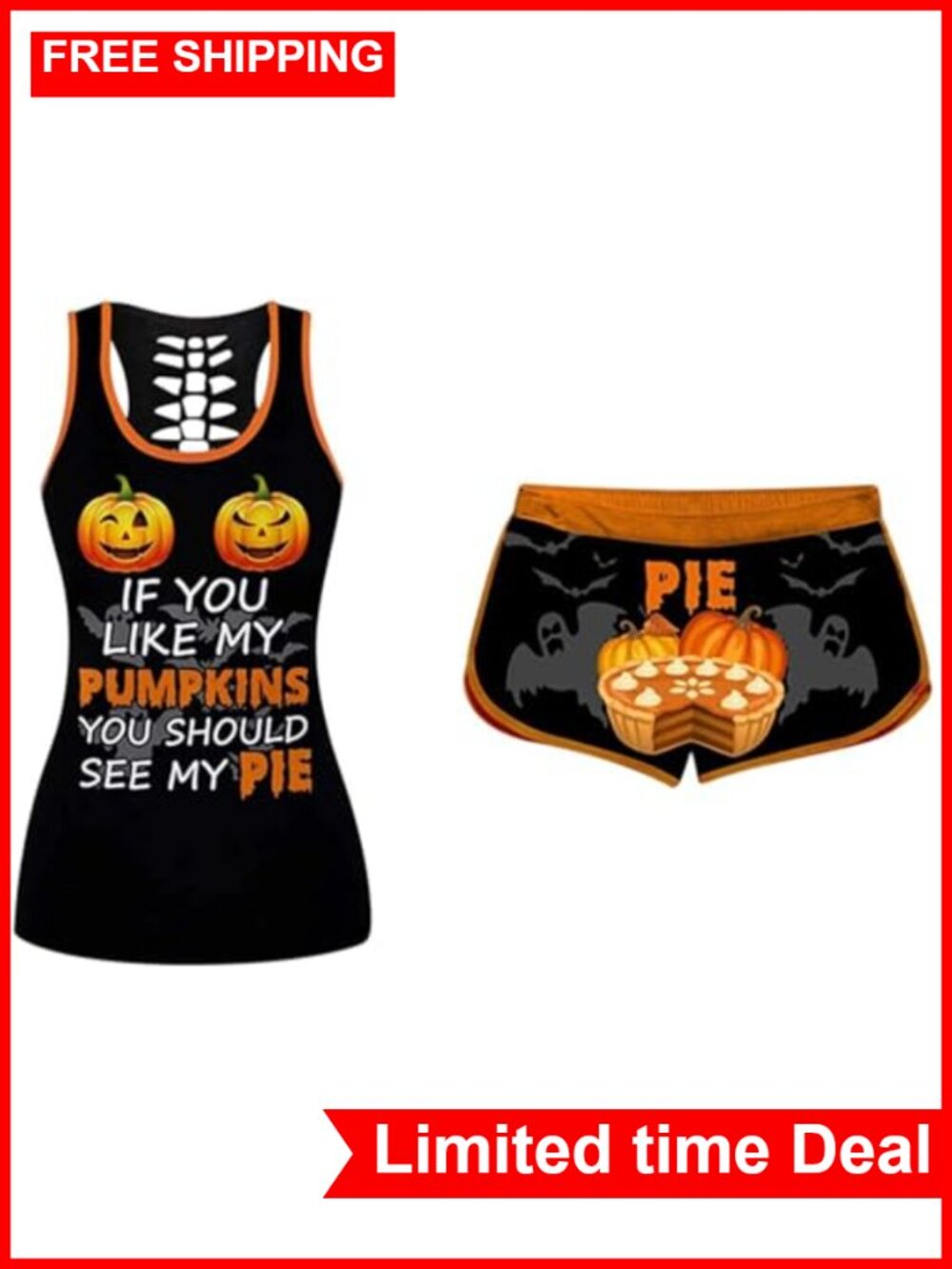 Women's Halloween Sleeveless Tank Top and Drawstring Shorts Set with Pumpkin